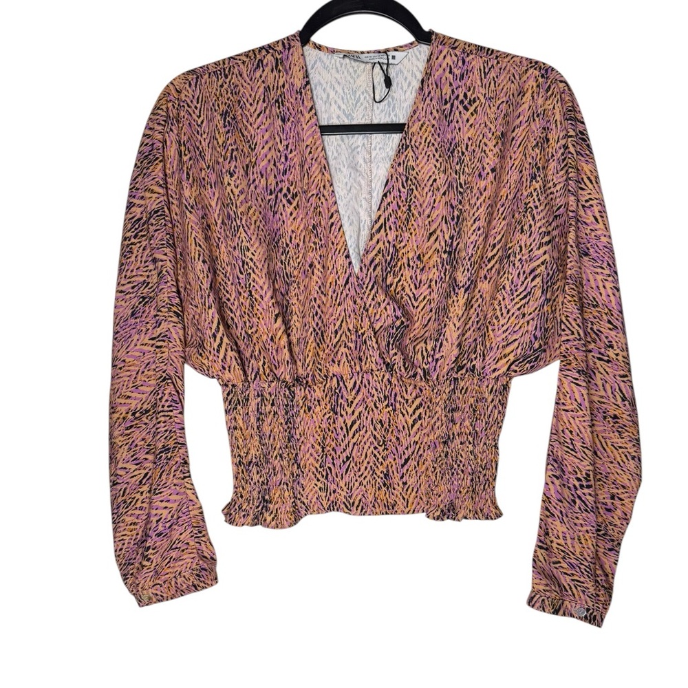 ZARA Women’s Blouse Medium Animal Print V-Neck Long Sleeve Smocked Waist Top